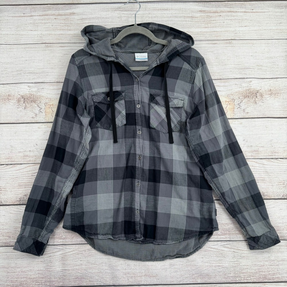 Columbia Hooded Flannel Shirt Mens Size M Grey Black Plaid Long Sleeve